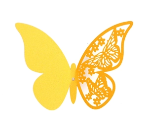 Detail of yellow 3D hollow butterfly wall sticker with intricate laser-cut double layers