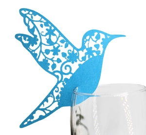 Blue hummingbird laser-cut glass card for wedding and party seating arrangement decoration