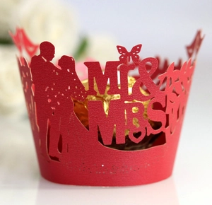 Elegant red laser-cut Mr & Mrs wedding cake wrapper with butterfly and couple silhouette