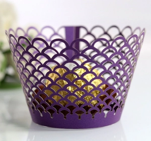 Purple laser-cut cupcake wrapper with fish scale pattern for baking decoration