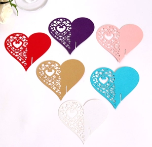 Laser cut heart shaped paper wine glass cards in six various colors for wedding decoration