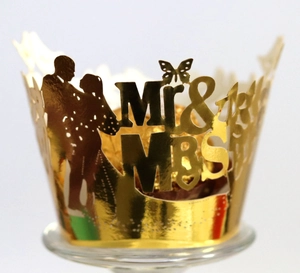 Golden Mr & Mrs laser cut cupcake wrappers with butterfly and bride groom silhouette