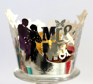 Silver laser cut Mr & Mrs cake wrappers with bride groom silhouette and butterfly decor