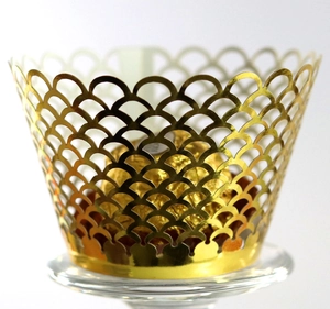 Laser Cut Pearlescent Paper Cupcake Wrappers Hollow Out Scallop Fish Scale Pattern Decorative Liners For Wedding Birthday Party