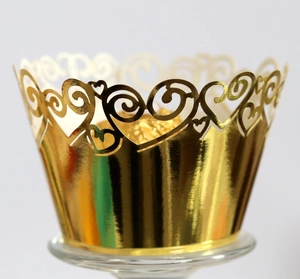 Laser cut golden heart cupcake wrappers with elegant hollow lace for party decoration