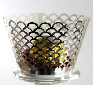 Silver laser-cut cupcake wrappers with elegant scallop pattern for dessert decoration