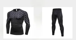 Matching set of men's compression long sleeve top and pants with grey honeycomb print