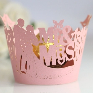 Laser Cut Cupcake Wrappers Artificial Pearl Paper Mr Mrs Hollow Lace Butterfly For Wedding Engagement Anniversary Party Decoration