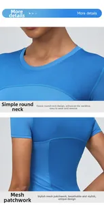 Détails de l'empiècement en maille respirante sur le t-shirt de sport bleu marine anti-transpirant