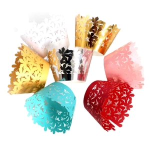 Laser cut hollow cake liners with gold leaf floral lace pattern in multiple colors
