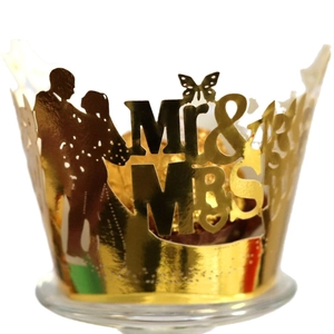 Golden laser-cut Mr & Mrs cupcake wrapper with butterfly and wedding silhouette