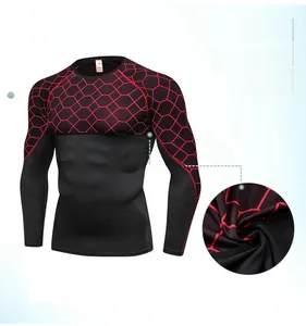 Detail view of men's compression shirt with red honeycomb print and breathable fabric