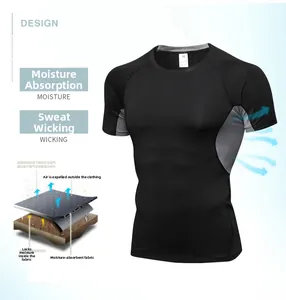 Detail view of moisture-wicking technology and gray mesh panels on men's compression shirt