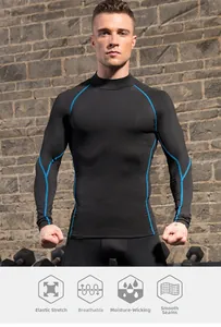 Men's high-neck compression shirt with blue stitching and functional sport icons