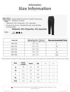 Tableau des tailles détaillé pour pantalons de sport homme avec mesures de taille et poids