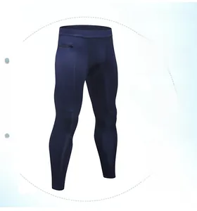 Dettaglio dei leggings sportivi blu navy da uomo con tasca laterale a zip e cuciture ergonomiche