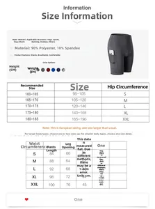 Size chart for high-waisted yoga shorts with side pockets and fabric specifications