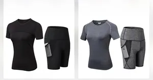 Dettaglio degli shorts da yoga a vita alta con tasche laterali in rete per smartphone