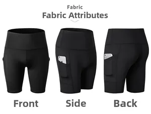 Three-way view of high-waisted black yoga shorts showing side pocket with phone storage