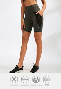 Dettaglio degli shorts da yoga grigi a vita alta con tasca in rete e tessuto traspirante