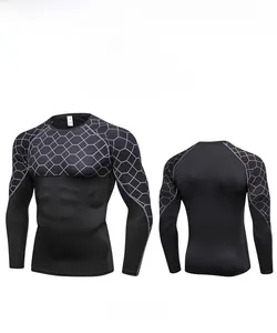 Detailed front and back views of compression fitness shirt with grey honeycomb mesh panels