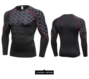 Detail of men's compression shirt with grey honeycomb mesh and red reinforced stitching