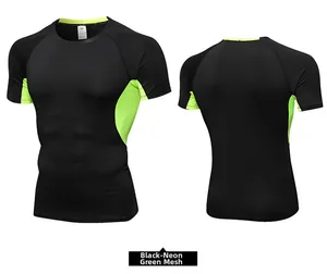Front and back view of men's compression shirt with breathable green mesh panels