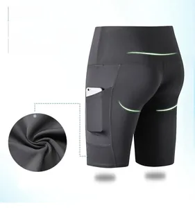 Detailed view of high-waisted yoga shorts with side pocket and sleek elastic fabric