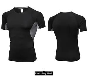 Front and back view of men's pro compression shirt with grey mesh side panels for breathability