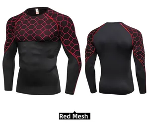 Detail of men's compression shirt with red hexagonal mesh print and elastic dry fabric