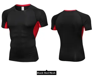 Front and back view of men's compression shirt with breathable red mesh side panels