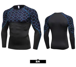 Detailed front and back views of men's compression shirt with blue hexagonal mesh pattern