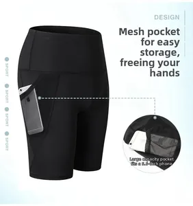 Dettaglio degli shorts da yoga neri a vita alta con tasca laterale in rete per smartphone grande