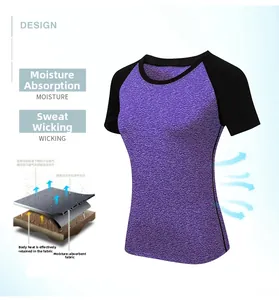 Detail showing moisture-wicking technology on purple short-sleeve athletic t-shirt
