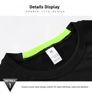Detail of crew neck stitching with neon green mesh and care label on black sport shirt