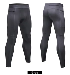 Dettagli fronte e retro dei pantaloni a compressione grigi con tasche a cerniera