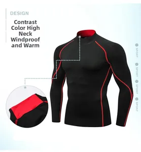 Detailed view of men's compression shirt with high collar and red contrast stitching