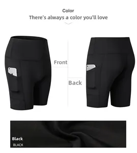 Detailed view of black high-waisted yoga shorts with side pockets and quick-dry fabric