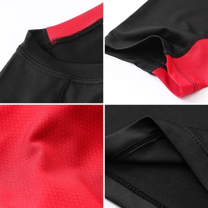 Detail of breathable mesh fabric and flatlock stitching on men's compression sport shirt