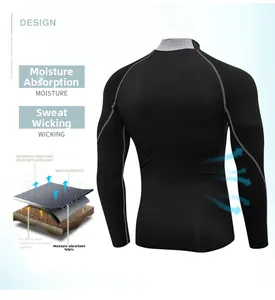 Detail of black compression shirt showing moisture-wicking fabric and gray stand collar