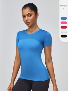 T-Shirt de Sport Pro pour Femmes Coutures en Maille Séchage Rapide Serré Yoga Running Haut Respirant Coupe Ajustée Manches Courtes
