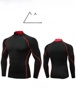 Front and back detail of men's compression shirt with red stitching and high collar