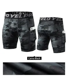 Pantaloncini compressione uomo mimetico nero con tasca cellulare e vita elastica