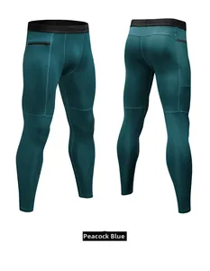 Leggings sportivi blu pavone da uomo con tasche con zip e fascia elastica in vita