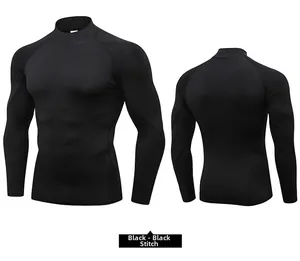 Front and back view of men's black turtleneck compression shirt with raglan sleeves