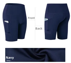 Women's high waist navy yoga shorts featuring convenient side pockets for smartphones