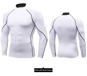 Front and back view of men's white compression shirt with black raglan stitching