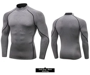 Front and back view of dark grey men's high-neck compression shirt with black contrast stitching