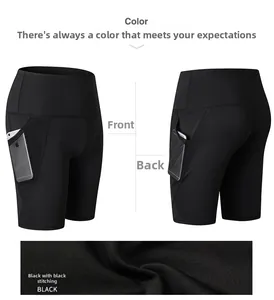 Dettagli dei pantaloncini yoga neri a vita alta con tasche laterali e cuciture piatte