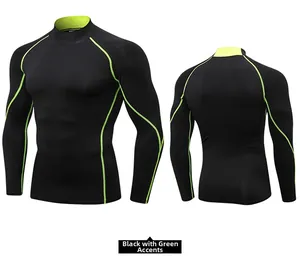 Detail view of men's compression shirt with black fabric and neon green contrast stitching